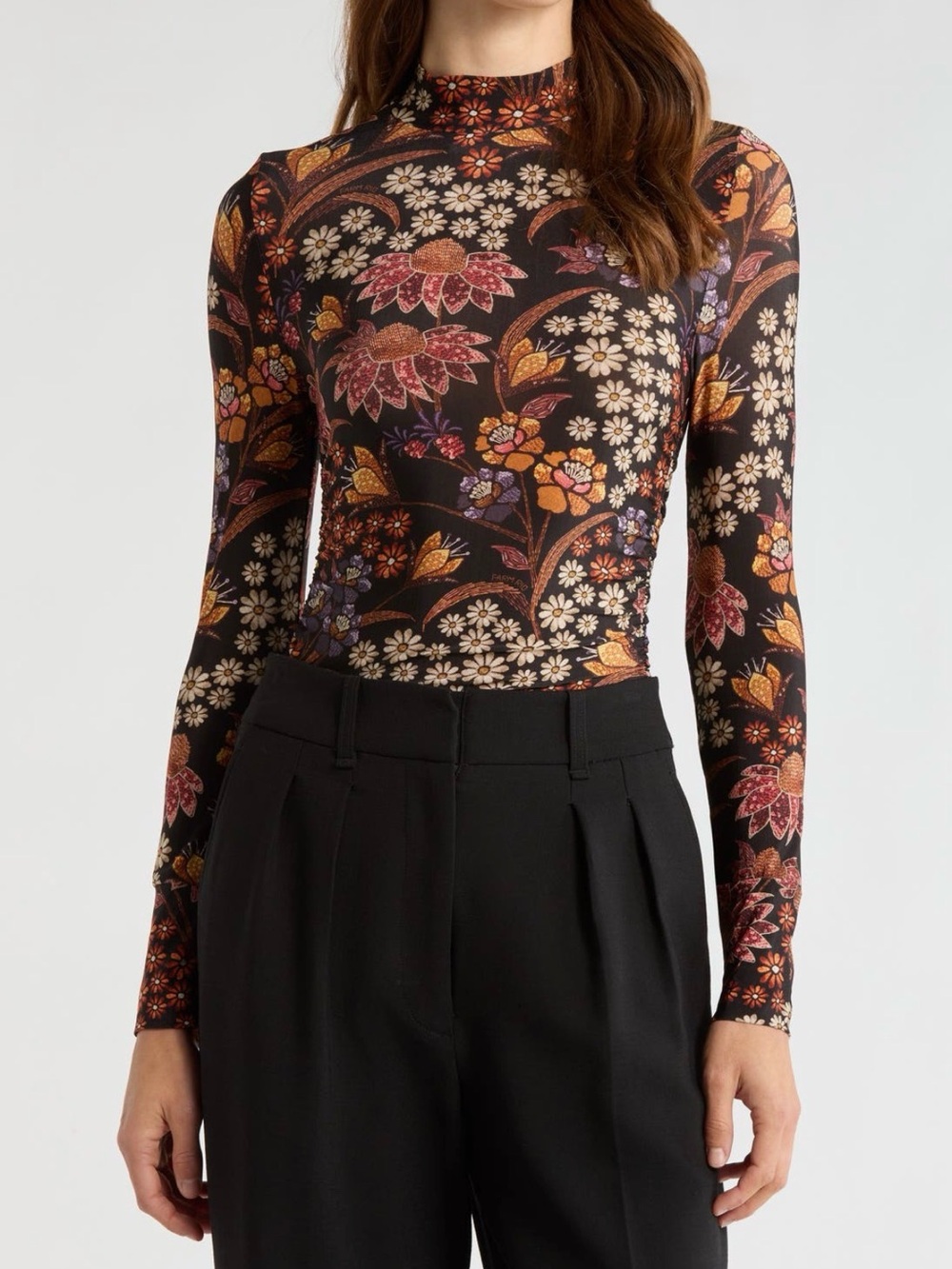 FARM Rio Black Floral Mock-Neck Long Sleeve Top